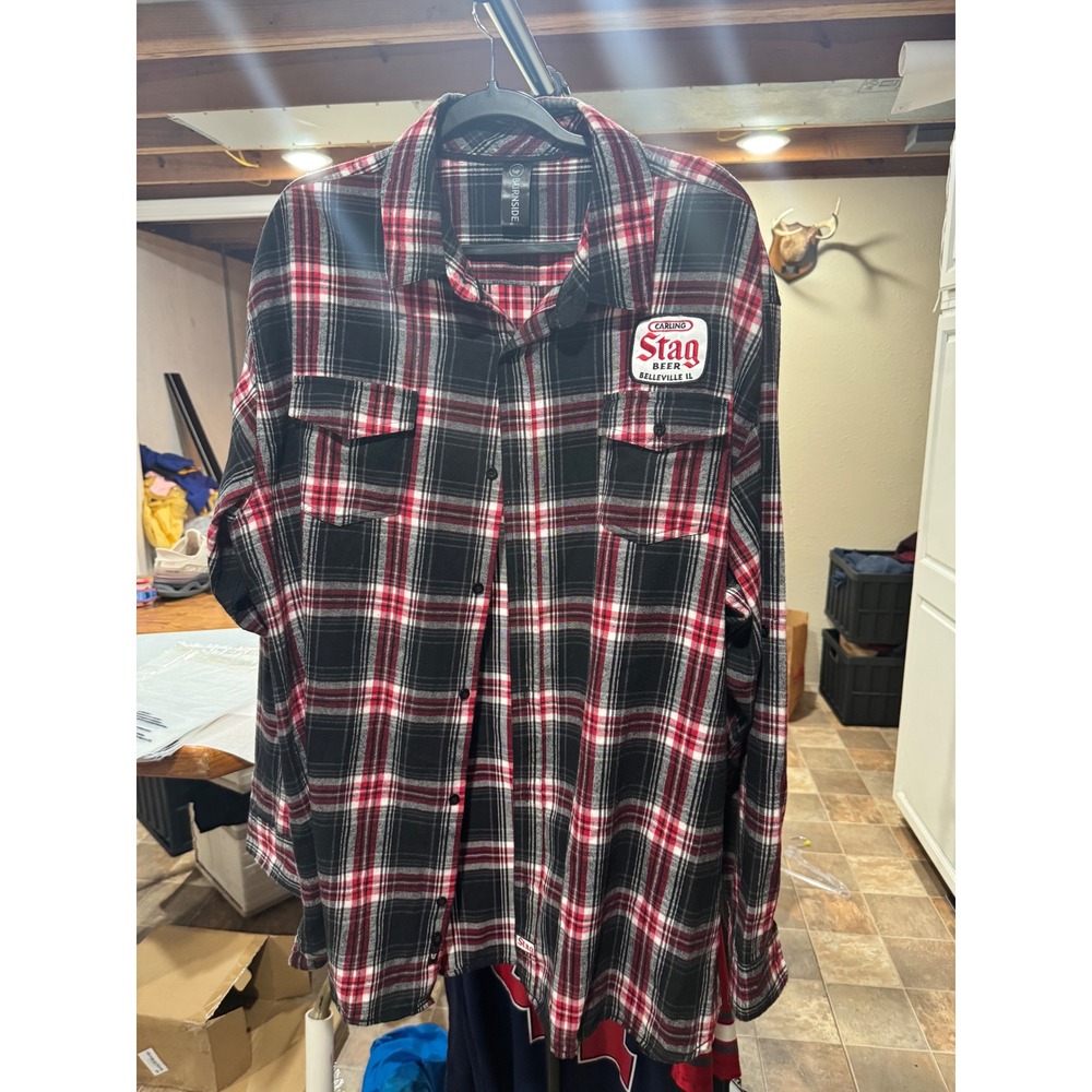 Burnside Mens 3X Flannel Shirt RedBlack Plaid Carling Stag Beer Patch Long Sleev